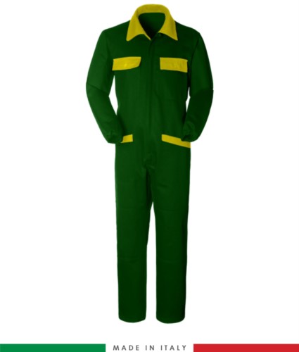 Two-tone ful jumpsuit , shirt collar, central covered zip, elasticated wais. Possibility of personalized production. Made in Italy. Color bottle green/yellow