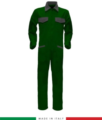 Two-tone ful jumpsuit , shirt collar, central covered zip, elasticated wais. Possibility of personalized production. Made in Italy. Color bottle green/grey