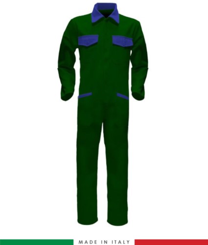 Two-tone ful jumpsuit , shirt collar, central covered zip, elasticated wais. Possibility of personalized production. Made in Italy. Color bottle green/light blue