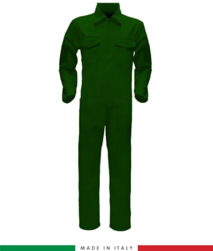 Two-tone ful jumpsuit , shirt collar, central covered zip, elasticated wais. Possibility of personalized production. Made in Italy. Color bottle green