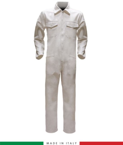 Two-tone ful jumpsuit , shirt collar, central covered zip, elasticated wais. Possibility of personalized production. Made in Italy. Color white