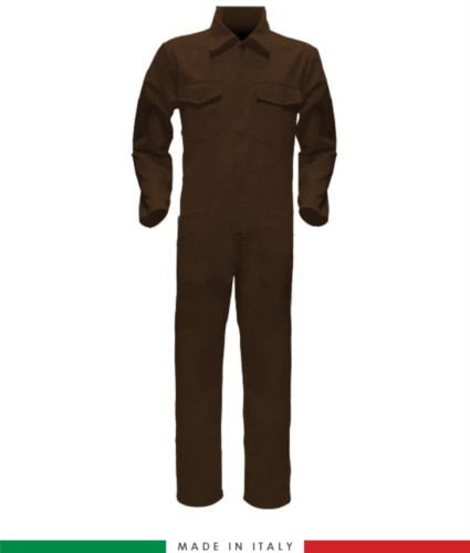 Two-tone ful jumpsuit , shirt collar, central covered zip, elasticated wais. Possibility of personalized production. Made in Italy. Color Brown