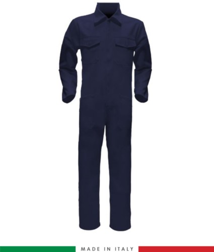 Two-tone ful jumpsuit , shirt collar, central covered zip, elasticated wais. Possibility of personalized production. Made in Italy. Color Royal light blue