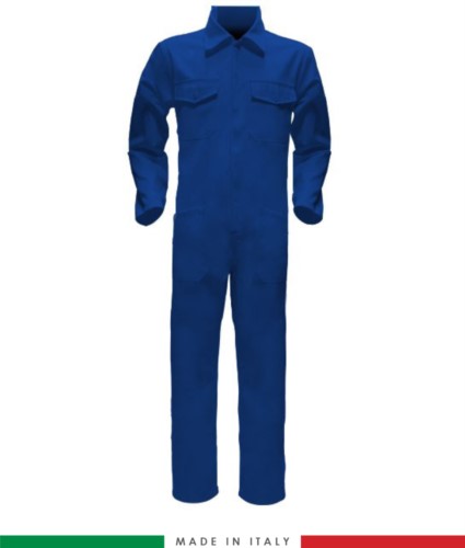 Two-tone ful jumpsuit , shirt collar, central covered zip, elasticated wais. Possibility of personalized production. Made in Italy. Color Royal light blue