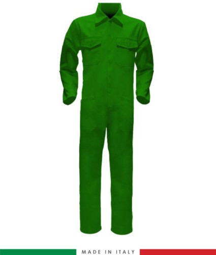 Two-tone ful jumpsuit , shirt collar, central covered zip, elasticated wais. Possibility of personalized production. Made in Italy. Color bright green