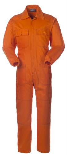 Ovearalls with covered zip and pockets, contrasting stitching, elasticated cuffs, 100% Cotton. Colour: orange
