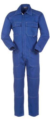 Ovearalls with covered zip and pockets, contrasting stitching, elasticated cuffs, 100% Cotton. Colour: royal blue 
