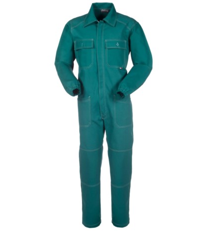 Ovearalls with covered zip and pockets, contrasting stitching, elasticated cuffs, 100% Cotton. Colour: green