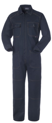 Ovearalls with covered zip and pockets, contrasting stitching, elasticated cuffs, 100% Cotton. Colour: Navy blue 