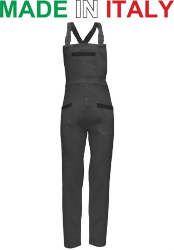 Two tone dungarees. Possibility of personalized production. Made in Italy. Multipockets. Color: grey/black