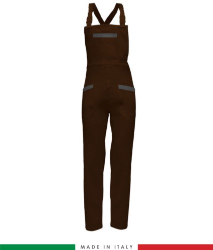Two tone dungarees. Possibility of personalized production. Made in Italy. Multipockets. Color: brown/grey