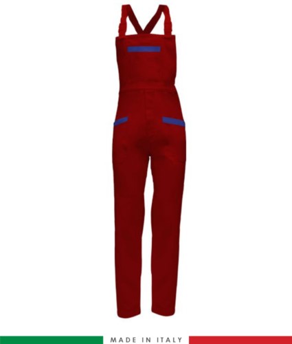 Two tone dungarees. Possibility of personalized production. Made in Italy. Multipockets. Color: red/royal blue