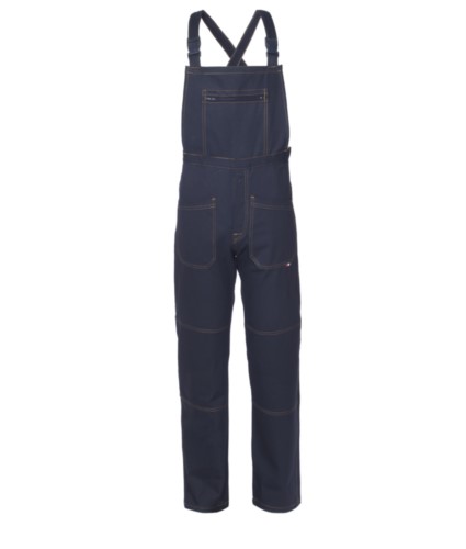 Multi pocket dungarees with central pocket. Colour navy blue