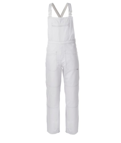 Multi pocket dungarees with central pocket. Colour white