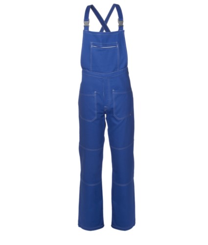 Multi pocket dungarees with central pocket. Colour royal blue