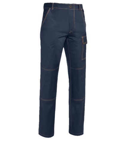 Multi pocket trousers 100% Cotton, contrasting stitching. Color: Blue