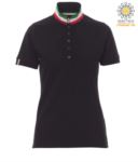 Women short sleeved polo shirt in cotton piquet, collar with contrasting three-coloured visible on the raised collar. Colour Militar green / Italy PANATIONLADY.NE