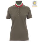 Women short sleeved polo shirt in cotton piquet, collar with contrasting three-coloured visible on the raised collar. Colour Militar green / Italy PANATIONLADY.VE