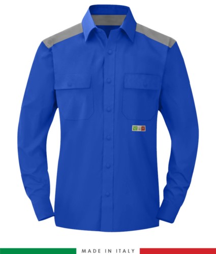 Two-tone multi-pro shirt, snap button closure, two chest pockets, coloured inserts on shoulders and inside collar, certified EN 1149-5, EN 13034, UNI EN ISO 14116:2008, color royal blue and grey