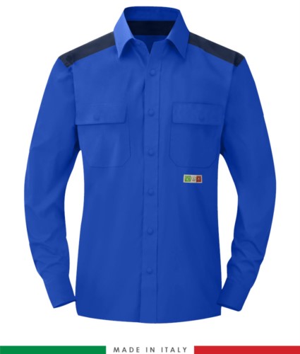 Two-tone multi-pro shirt, snap button closure, two chest pockets, coloured inserts on shoulders and inside collar, certified EN 1149-5, EN 13034, UNI EN ISO 14116:2008, color royal blue and navy blue