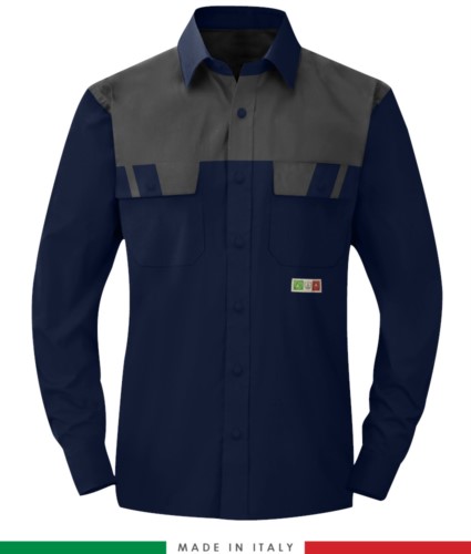 Two-tone multipro shirt, long sleeves, two chest pockets, Made in Italy, certified EN 1149-5, EN 13034, EN 14116:2008, color navy blue/ grey