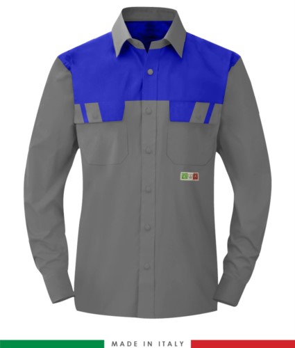 Two-tone multipro shirt, long sleeves, two chest pockets, Made in Italy, certified EN 1149-5, EN 13034, EN 14116:2008, color grey/royal blue