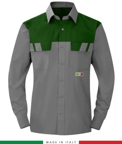 Two-tone multipro shirt, long sleeves, two chest pockets, Made in Italy, certified EN 1149-5, EN 13034, EN 14116:2008, color grey/green