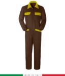 Two-tone ful jumpsuit , shirt collar, central covered zip, elasticated wais. Possibility of personalized production. Made in Italy. Color brown/yellow RUBICOLOR.TUT.MAG