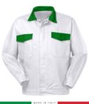 Two tone work jacket, Made in Italy. Two chest pockets. Possibility of customization. Color Brilliant White/Green RUBICOLOR.GIU.BIVEBR