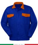 Two tone work jacket, Made in Italy. Two chest pockets. Possibility of customization. Color royal blue/ orange RUBICOLOR.GIU.AZA