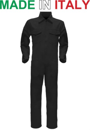 Two-tone ful jumpsuit , shirt collar, central covered zip, elasticated wais. Possibility of personalized production. Made in Italy. Color black