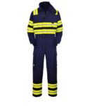 Fireproof coverall, double reflective band shoulders, elbows and bottom leg, two side pockets, navy blue color. EN 1149-5, EN 11612:2009, EN 15614 certified
 POFR98.BL