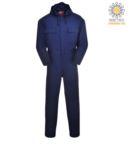 Fireproof coverall with hood, back pocket, tape measure pocket, radio ring, button fly, navy blue colour. CE certified, NFPA 2112, EN 11611, EN 11612:2009, ASTM F1959-F1959M-12
 POBIZ6.BL