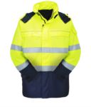 Multipro high visibility jacket, two-tone, concealed hood, two chest pockets and two waist pockets, double band on waist and sleeves, yellow/blue, certified EN 343:2008, UNI EN 20471:2013, EN 11611, EN 1149-5, EN 13034, CEI EN 61482-1-2:2008, EN 11612:2009 POFR79.GI