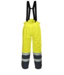 Antistatic, high visibility fireproof trousers, adjustable shoulder straps with buckle, double band on the bottom of the leg, two-tone, certified EN 343:2008, UNI EN 20471:2013, EN 1149-5, EN 13034, UNI EN ISO 14116:2008, colour yellow/blue 
 POFR78.GI