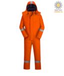 Upholstered anti-flame and antistatic winter jumpsuit, multi-pockets, reflective bands on the bottom of the leg, sleeves and hood, detachable hood, kneepad pockets, certified EN 11611, EN 342:2004, EN 1149-5, EN 11612:2009, colour orange POFR53.AR