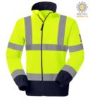 Fireproof fleece, antistatic high visibility, drawstring hem, elasticated cuffs, front opening with zip, yellow and navy blue. CE certified, EN 11612:2009, EN 1149-5, AS/NZS 4602.1N/D, UNI EN 20471:2013
 POFR31.GI