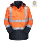 High visibility two-tone multipro jacket, double direction zip, concealed and detachable hood, contrast stitching, double band on waist and sleeves, certified EN 343:2008, GO-RT 3279, UNI EN 20471:2013, EN 1149-5, EN 13034, UNI EN ISO 14116:2008, color orange/blue
 POS779.AR