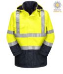 High visibility two-tone multipro jacket, double direction zip, concealed and detachable hood, contrast stitching, double band on waist and sleeves, certified EN 343:2008, GO-RT 3279, UNI EN 20471:2013, EN 1149-5, EN 13034, UNI EN ISO 14116:2008, color orange/blue
 POS779.GI
