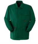 Fireproof jacket, covered button closure, closed collar, two pockets and a pocket, green color. CE certified, EN 11611, EN 11612:2009
 ROA20116.VE