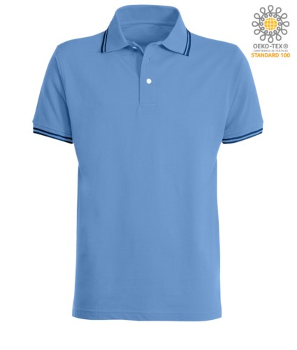 Two tone work polo shirt with contrasting collar and sleeve hem. Colour: royal Blue, black trim
