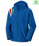 Waterproof and breathable softshell jacket, detachable sleeves, detachable hood with zip, three-color pattern on the shoulder, two external pockets with zip, color red  JR988064.BR