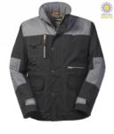 Padded multi pocket jacket in ripstop two-tone, removable hood, mobile phone pocket. Grey and black colour ROHH625.NEG