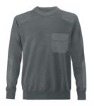 Men crew neck sweater, coarse knit fabric, shoulder and elbow patches, flap pocket, 100% acrylic fabric
color grey
 VACOMANDO.GR