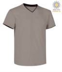 T-Shirt short sleeve V-neck, inner collar and bottom sleeve in contrast, color light grey & black  JR992032.GRC