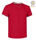 T-Shirt short sleeve V-neck, inner collar and bottom sleeve in contrast, color red & grey JR992035.RO