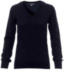 V-neck sweater  for women with ribbed cuffs and waist, color navy blue PABUSINESSLADY.BLU
