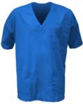 Unisex hospital jacket, V-neck, short sleeves, left chest pocket and applied right front pocket, color bluette  ROMS1301.AZ